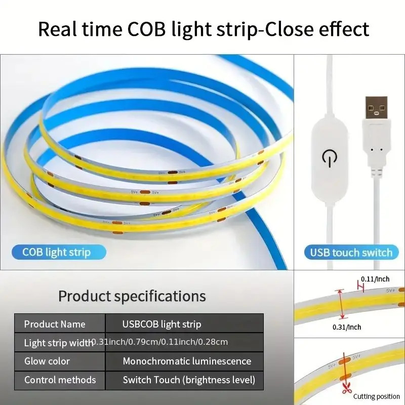 LED Light Strip 5V COB Diode Touch Sensor Cold White Warm White 1-78.74 in