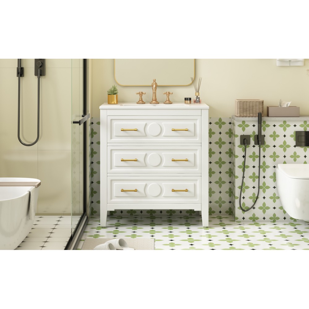 30'' Bathroom Vanity w/Ceramic Sink Combo 3 Drawers, Solid Wood Storage, White
