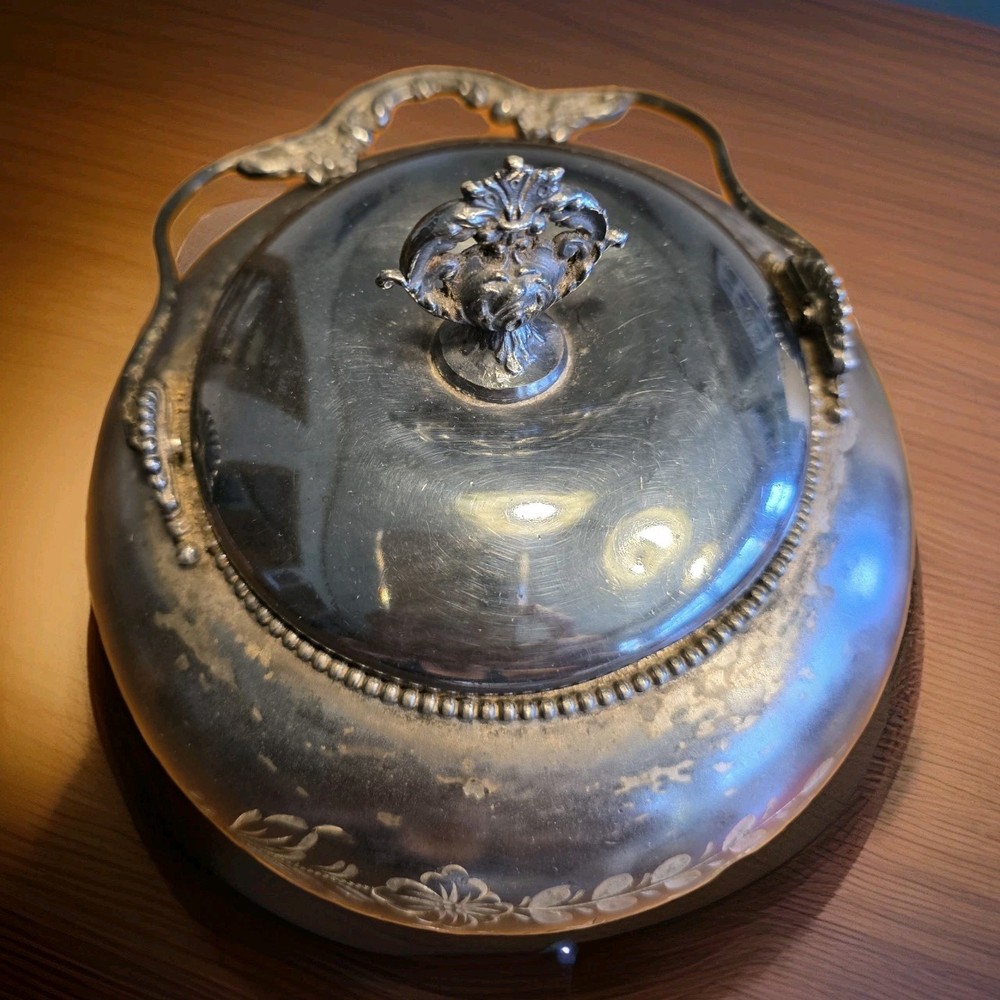 Antique Cracker Jar Quadruple Silverplate With Handle Victorian Etched