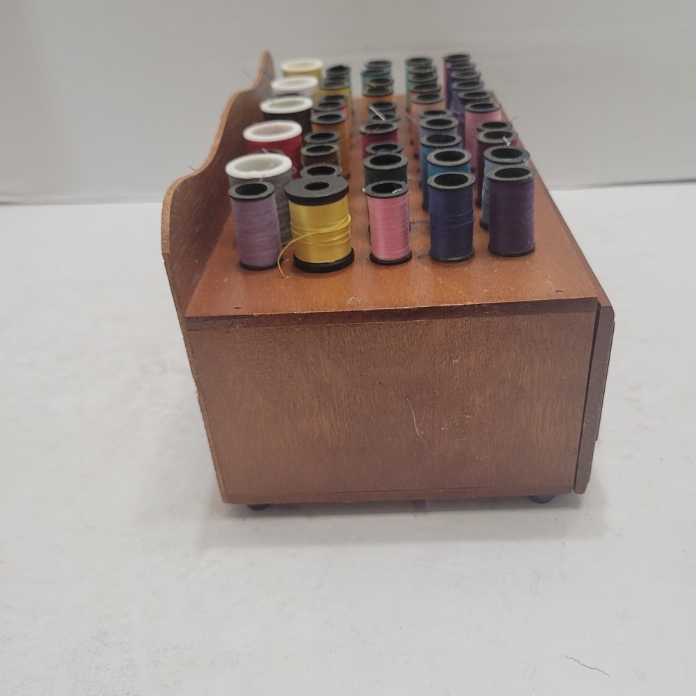 Vintage Sewing Bobbin Thread Box Footed with Drawer Craft Storage & 70 Spools