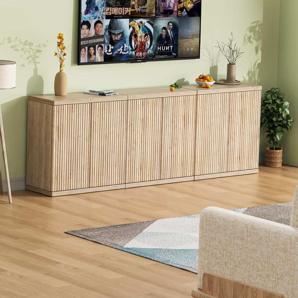 Modern Fluted Buffet Cabinet with Storage, 2 Doors & Adjustable Shelf, Oak