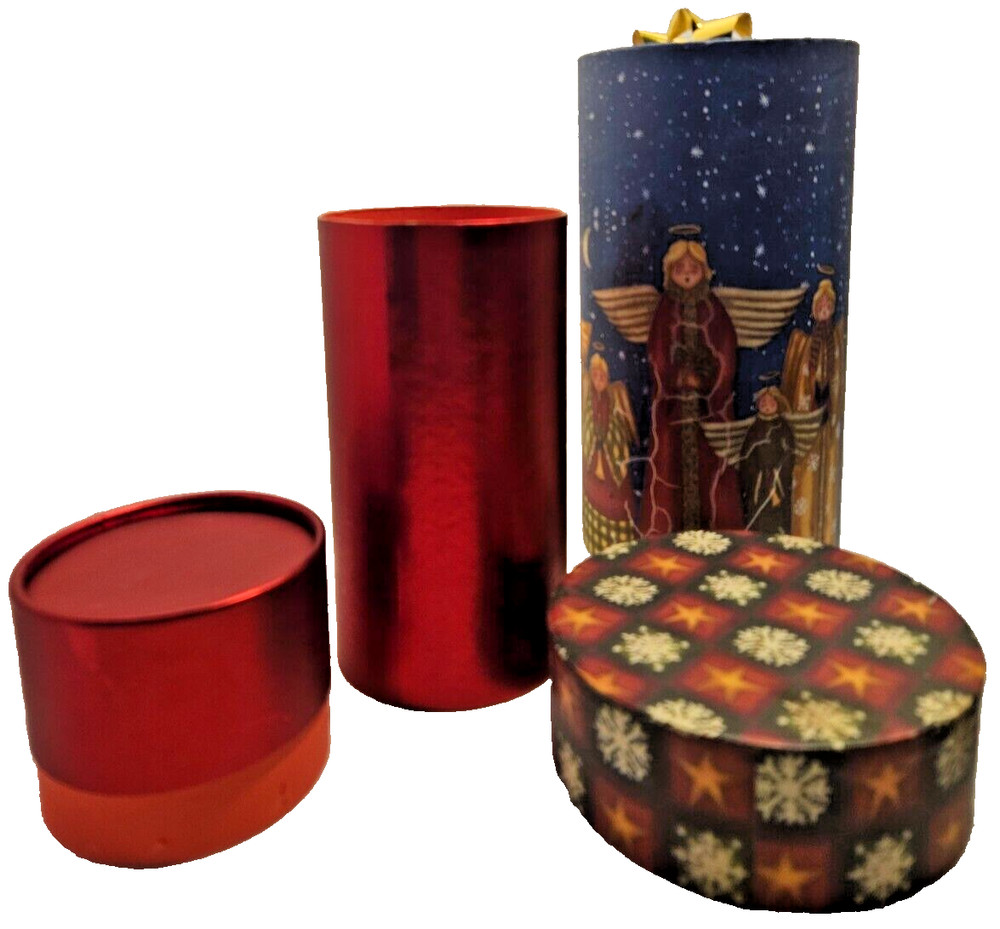 Two Round Christmas Gift Containers, One Angel/ One Solid Red/ Christmas Time!!