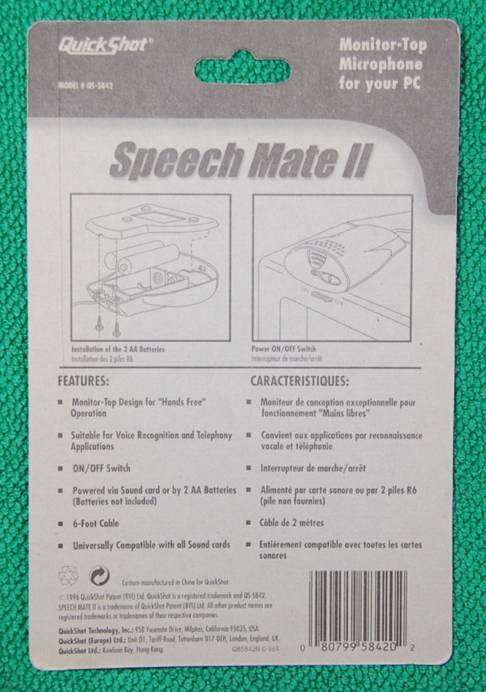 Quick Shot Speech Mate II Computer Microphone Model#: QS-5842