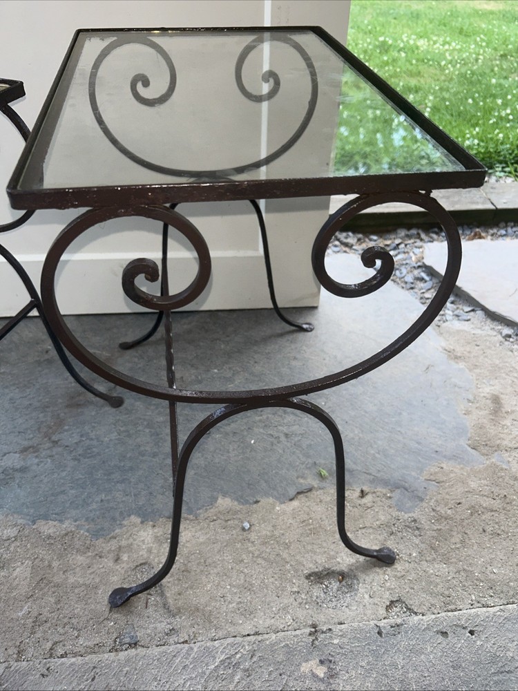 Complementary Pair NESTING Neoclassical Style Wrought Iron Glass Top Side Tables