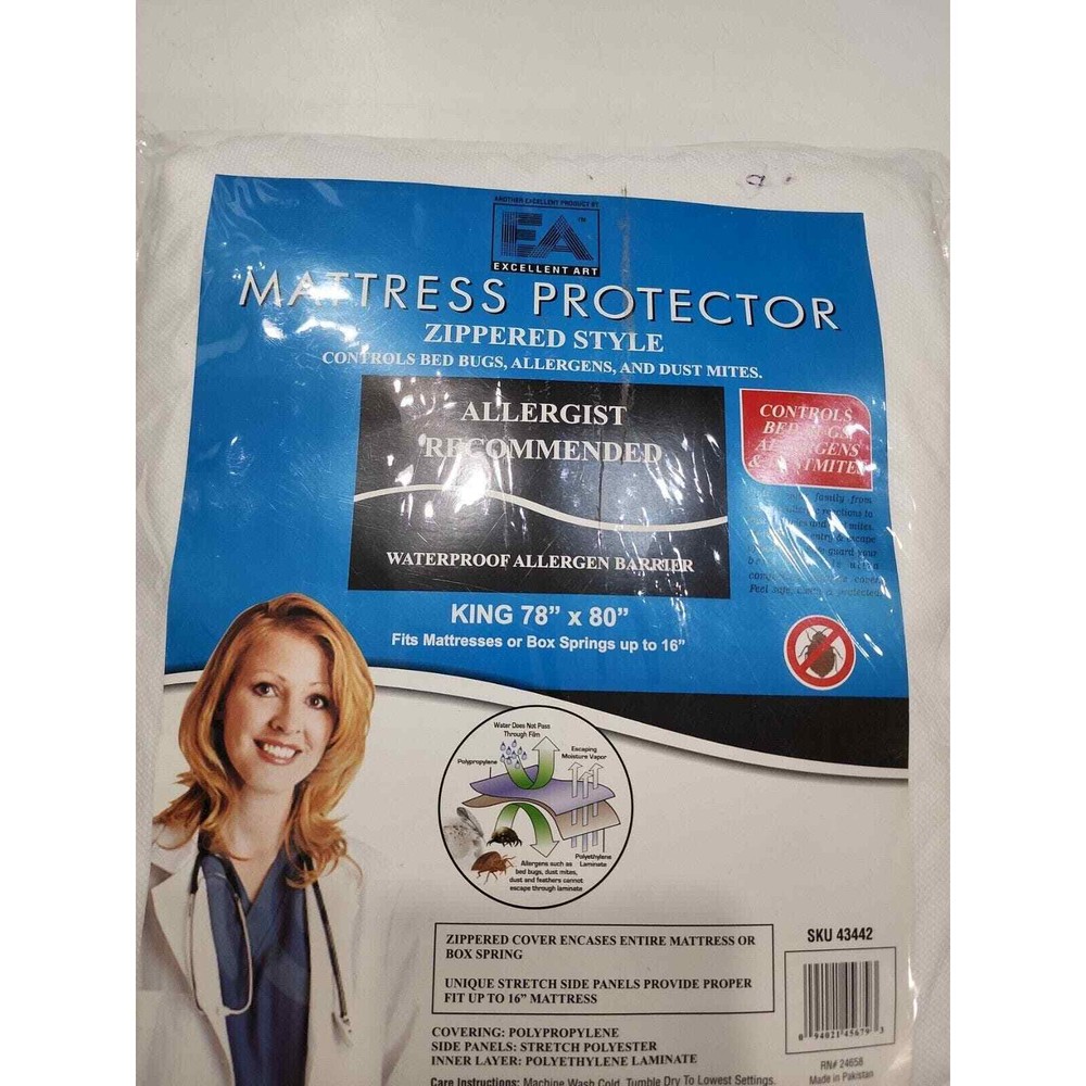 King Size EA Excellent Art Mattress Protector Zippered Controls Bed Bugs...