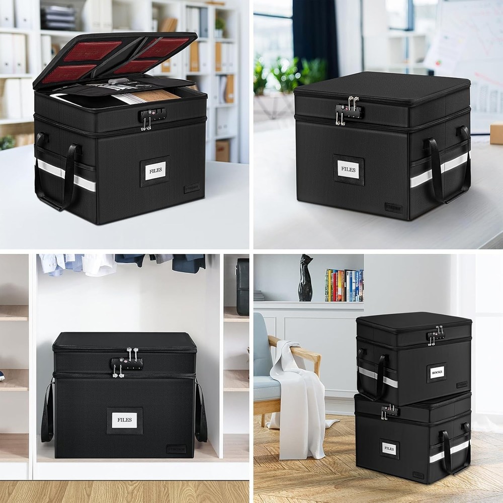 Fireproof Document Box with Lock, 2 Layer Fire Proof File Box for Documents with