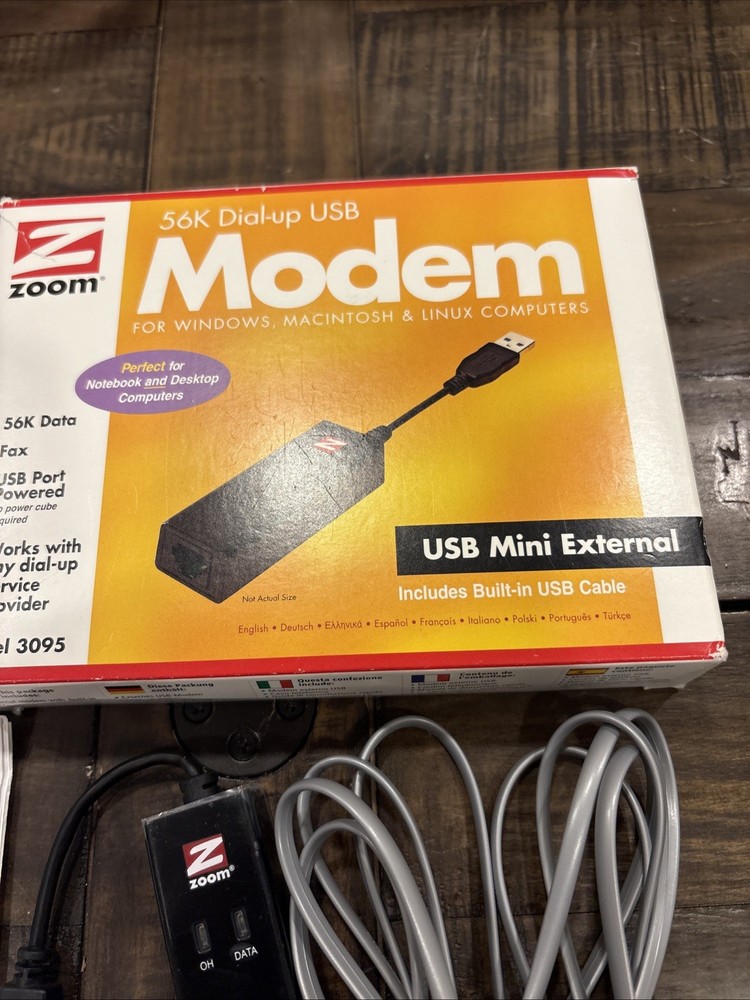 Zoom Model 3095 USB Modem 56K V.92 Data Fax Dial-Up Windows Macintosh Linux
