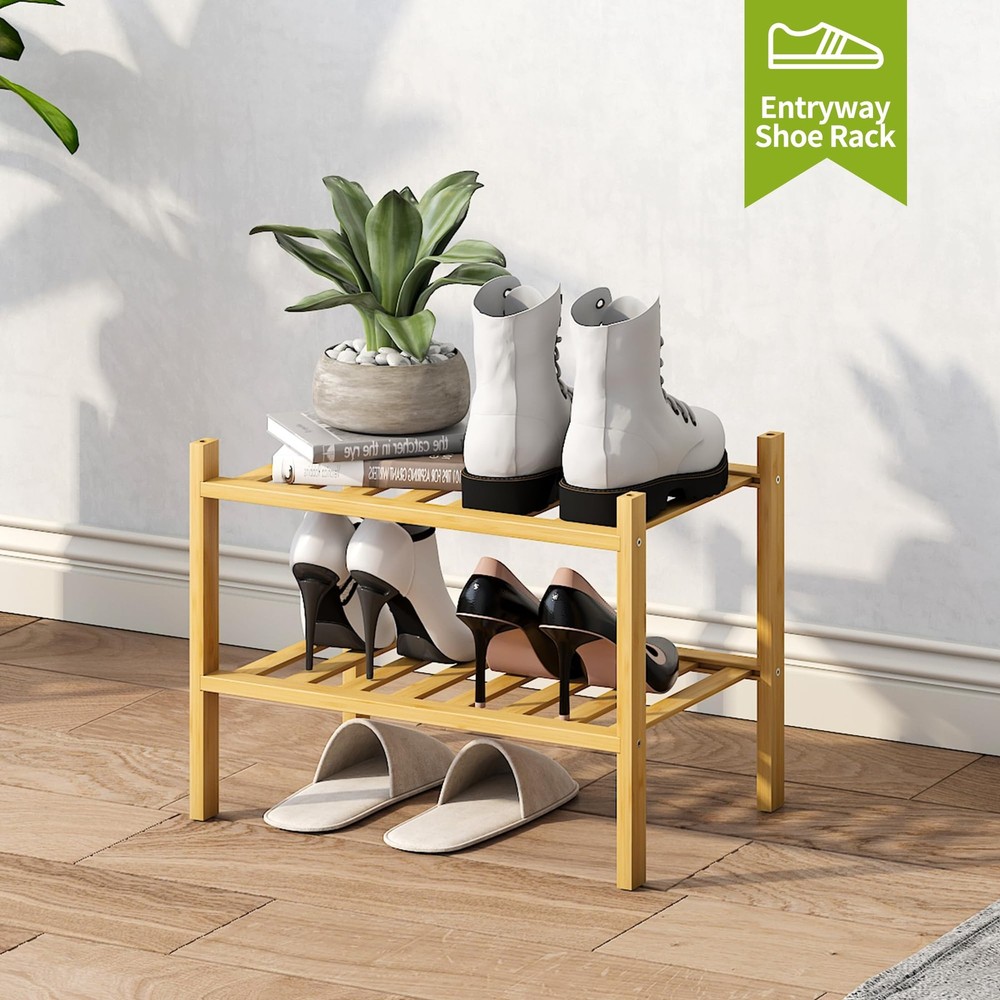 2Tier Natural Bamboo Shoe Rack Small Stackable Shelf Organizer for Entryway