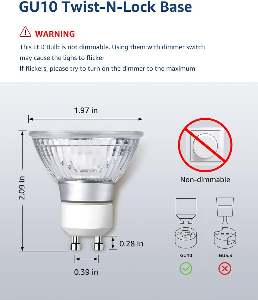 LE GU10 LED Light Bulbs Non-Dimmable, 5000K Daylight White GU10 Bulb Replacement