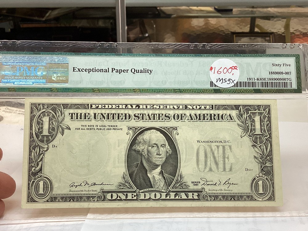 $1 1981 PMG 66 EPQ And 65 EPQ Consecutive Pair Overprint On Back Errors-2 Notes