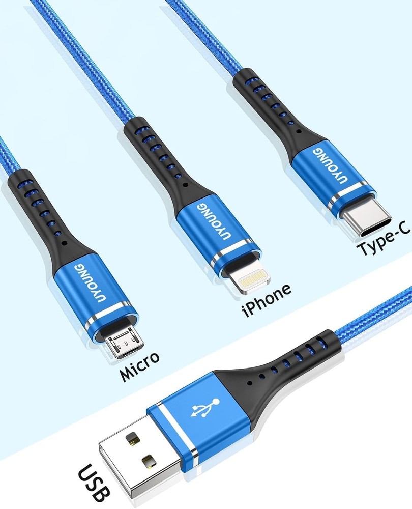 Multi Charging Cable 2Pack 10FT, 3 in 1 Charger Braided Blue