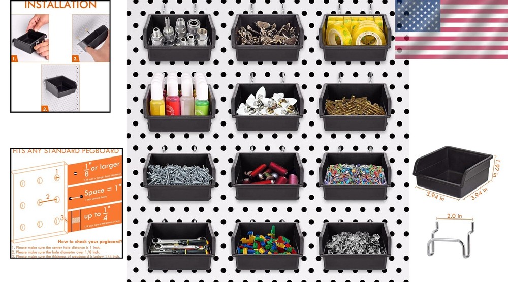 Space-Saving Pegboard Bins with Adjustable Hooks - Perfect for Workshops