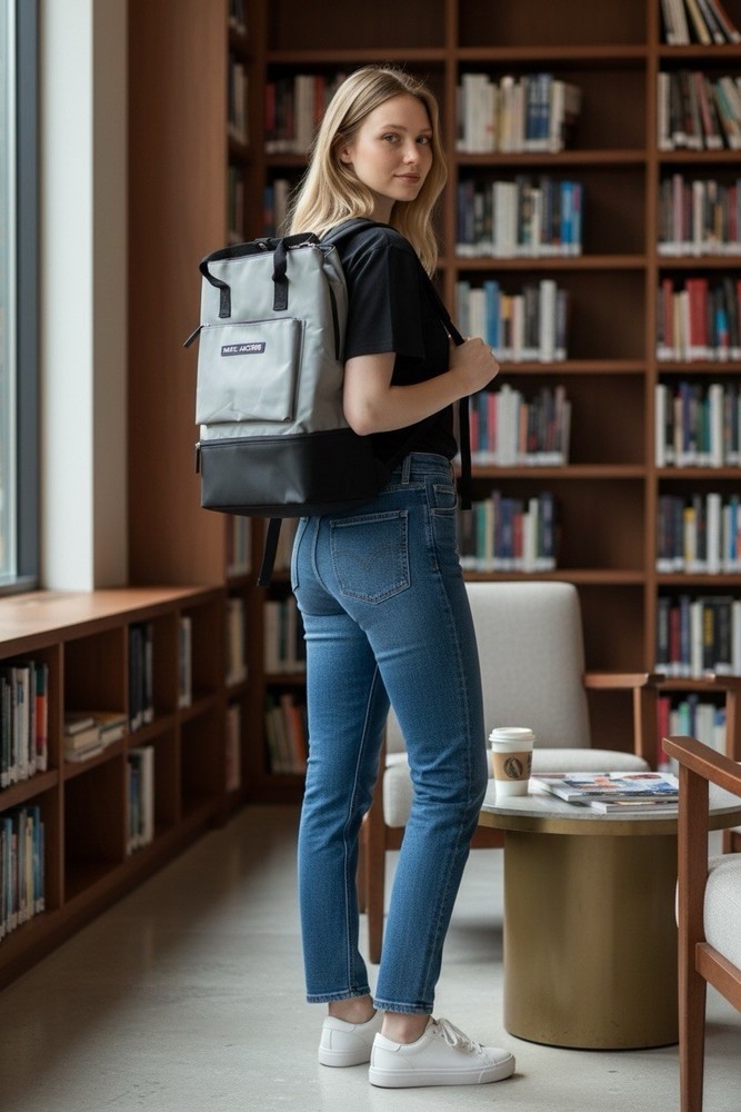 New DSW Backpack Light Grey & Black Nylon Bottom Compartment For Shoes ￼