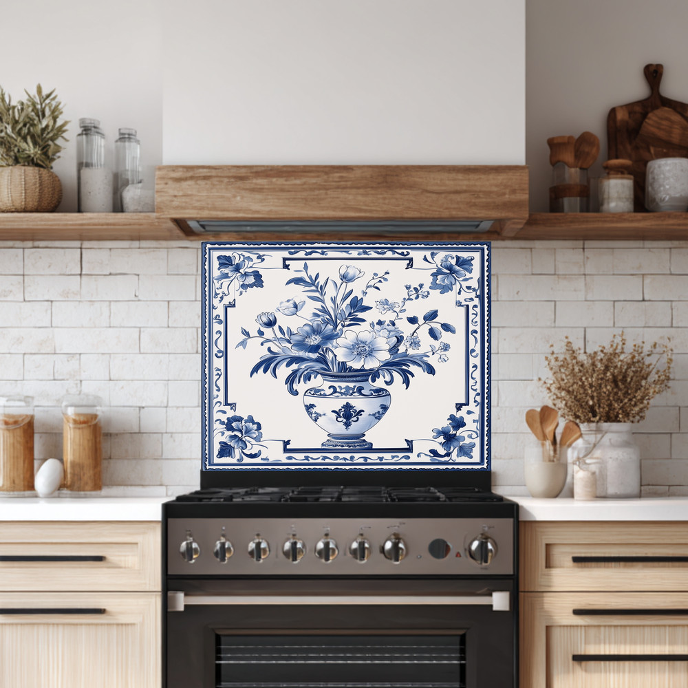 Porcelain Vase Look Print Backsplash, Tempered Glass Kitchen Backsplash