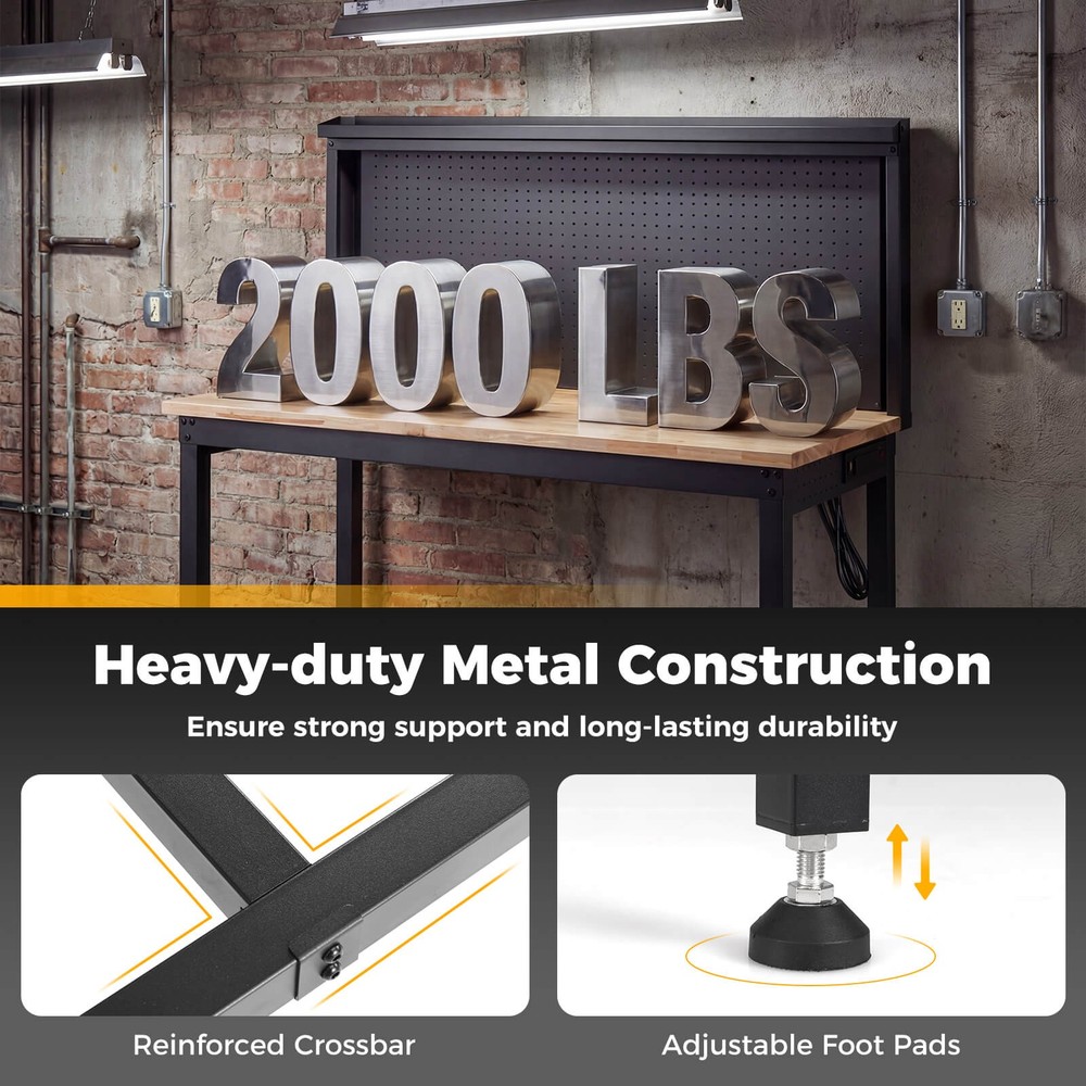 48" Heavy Duty Workbench w/ AC/USB Outlets and Pegboard, Max Load 2000 LBS