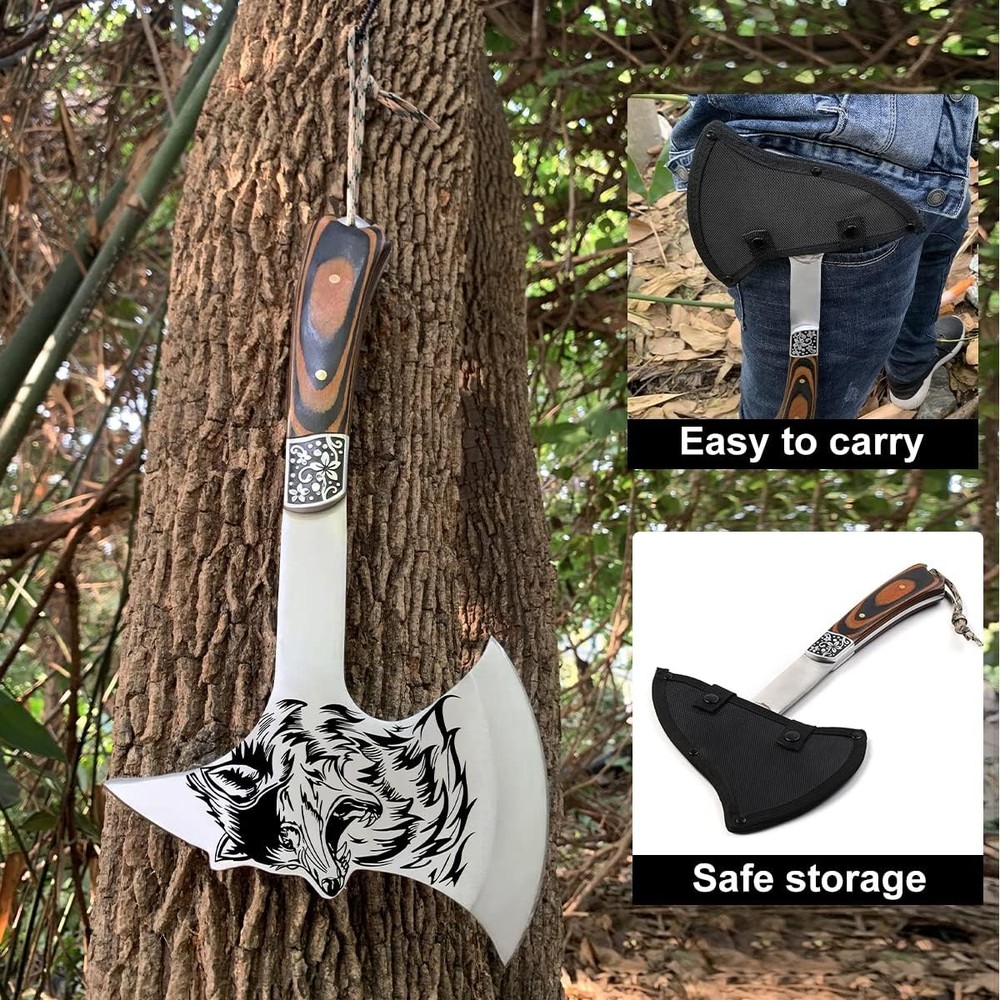 Camping Axe Survival Throwing Axe w/Sheath Wolf Head Tactical Tomahawk Camping