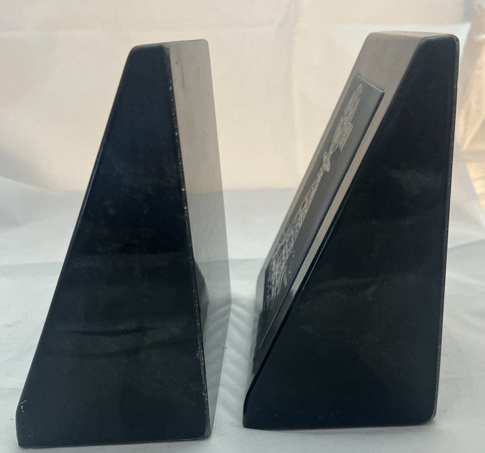 Bookends Black Marble With Windmills Etched On Metal Signed Terrell E. O’Brien
