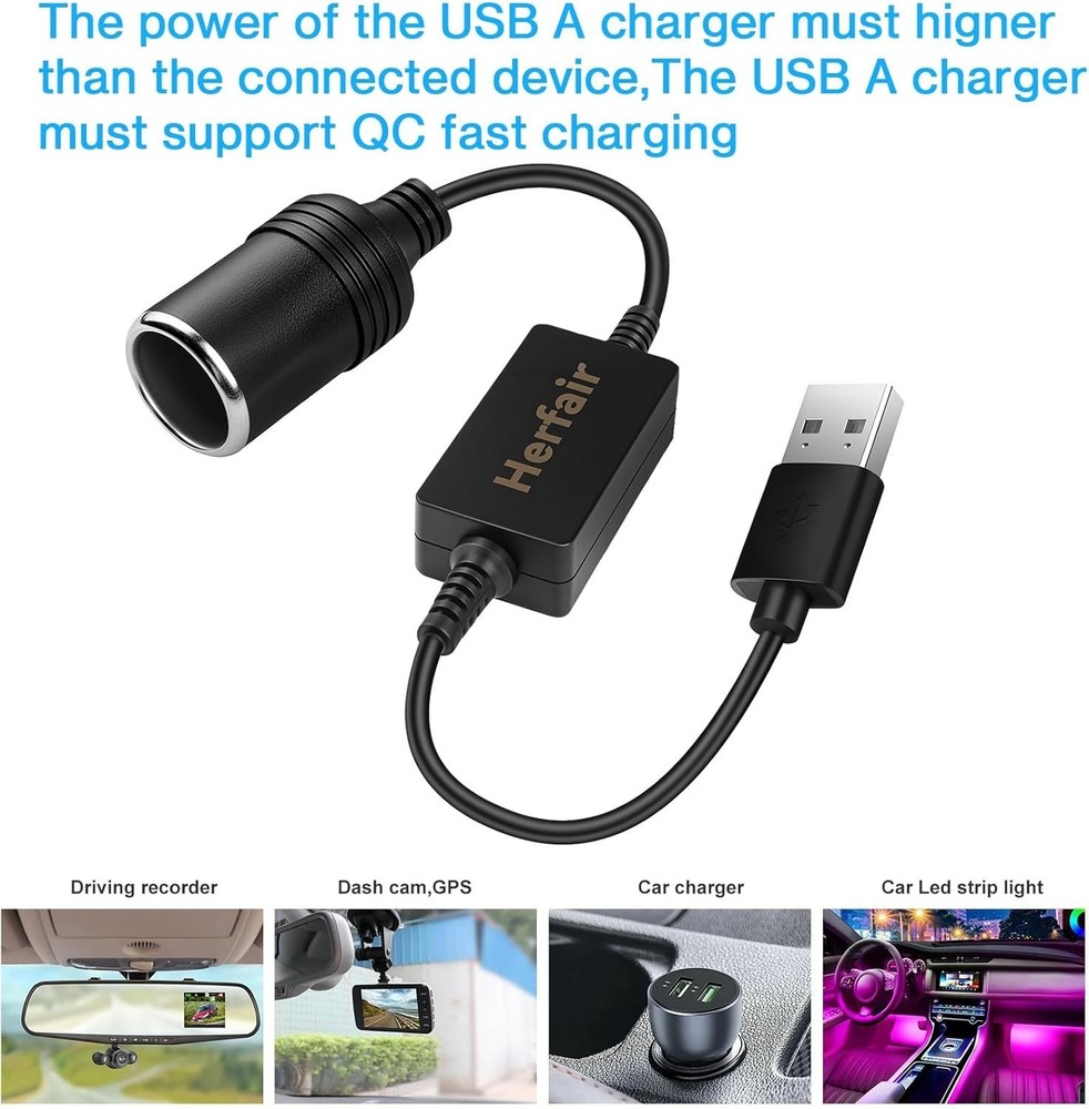USB A to 12V Cigarette Lighter Socket Adapter - QC Fast Charging, Safe & Durable