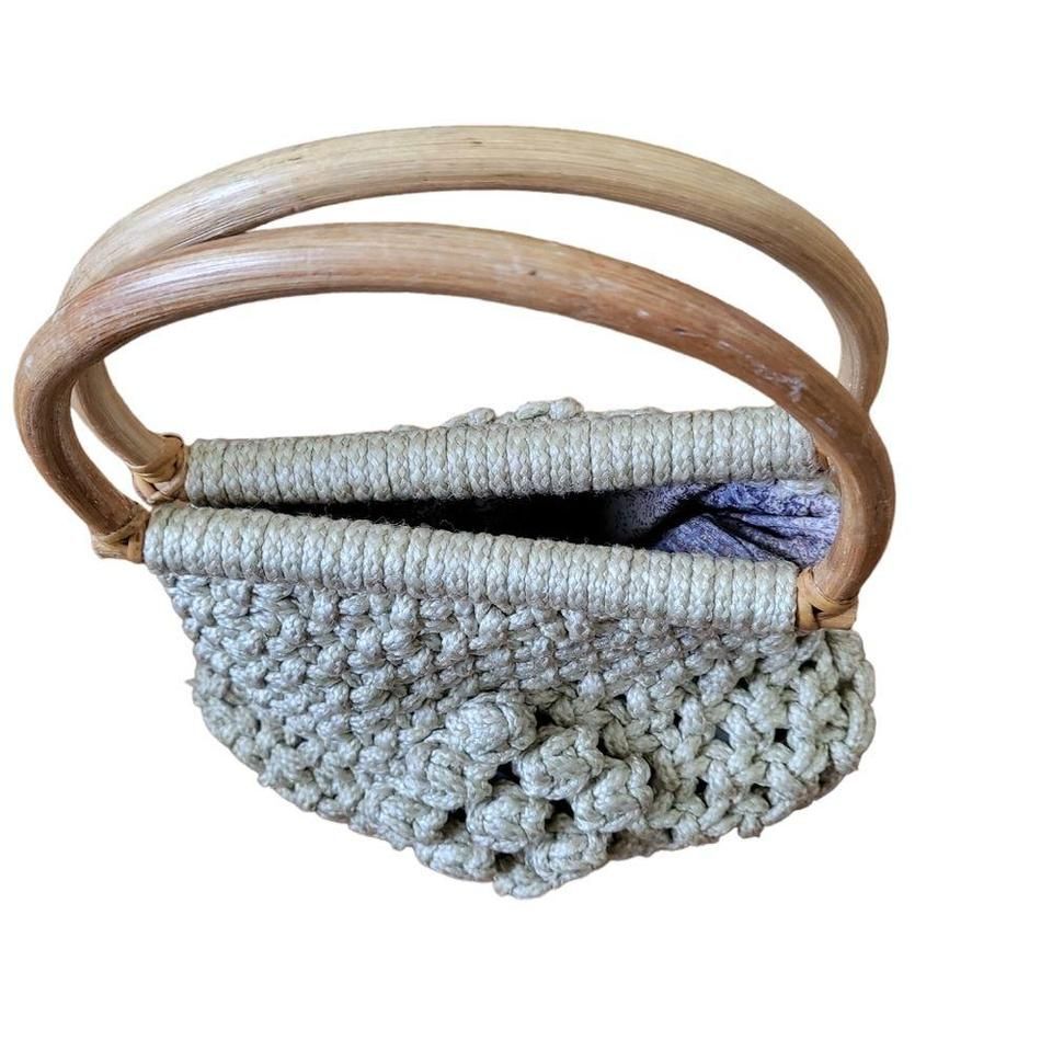Vintage macrame purse with wooden handle