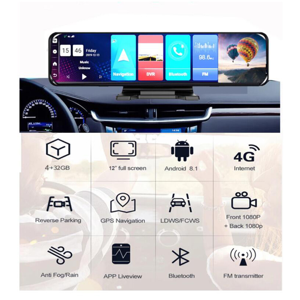 4GB+32GB ROM Car DVR 12" Android 8.1 Rearview Mirror GPS Navigation Dashboad DVR