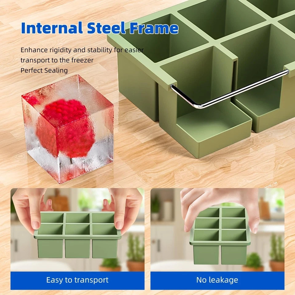 Large Ice Cube Tray for Whiskey 3 Pack, Big Silicone Square Ice Cube Mold wit...