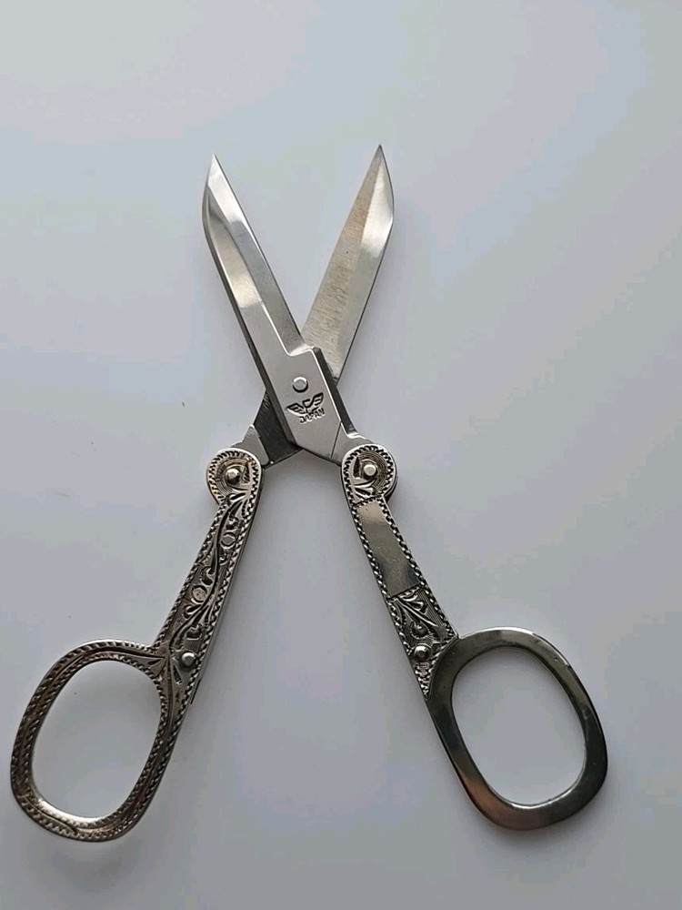Japanese Sterling Folding Sewing Scissors Etched Design with Case