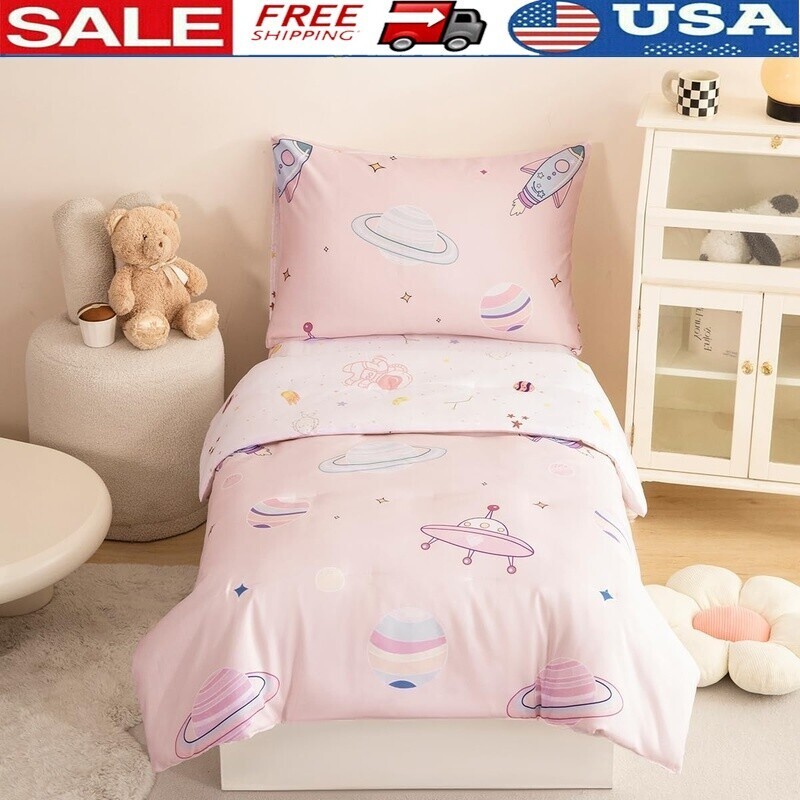 Toddler Bedding Set 4 Piece Space Theme Comforter Sheets Astronaut Planets Kids