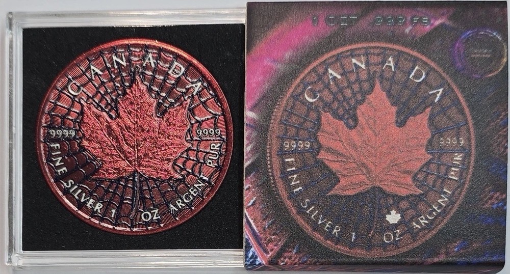 2023 Canada Maple Leaf Colorized "Spiderweb" 1 oz .9999 Silver Coin