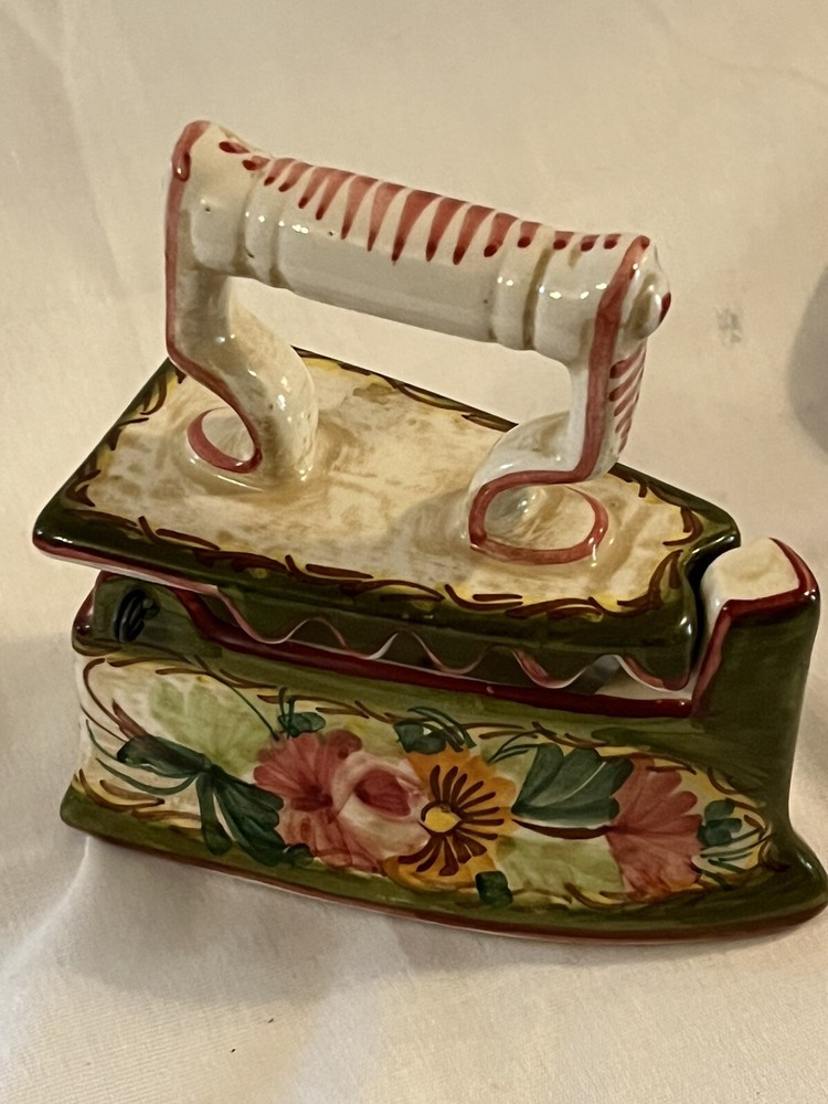 Ceramic Sad Iron Hand Painted Sewing Thread Box Very Good Condition!
