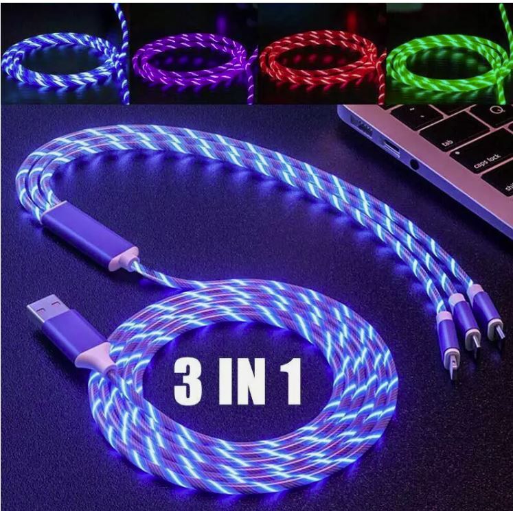 Light Up LED 3 in 1 Charging Cord Cable  Multi Phone Charger Android USB iPhone