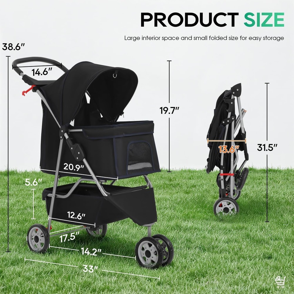 Black Pet Stroller - Waterproof & Foldable Design for Outdoor Adventures