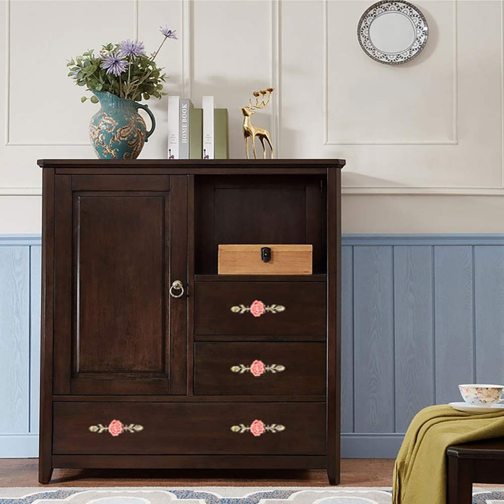 Ceramic Elegant Rose Cabinet Knobs with Green Bronze Backplates, Vintage Kitc...