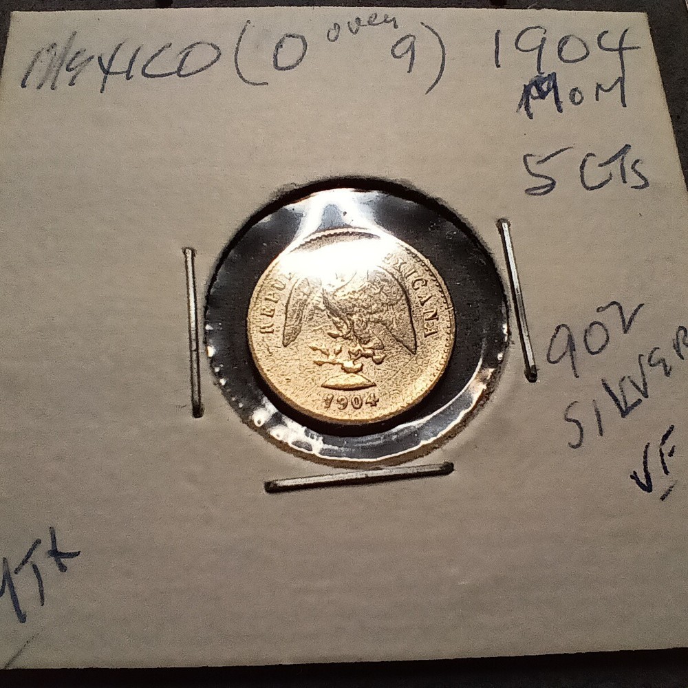Mexico 1904 Mo M Silver 5 Centavos, 0 over 9
