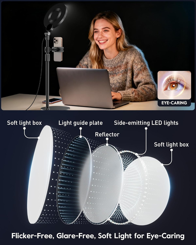 Dimmable Ring Light with Stand for Desk, Adjustable Desk Light for Video Recordi