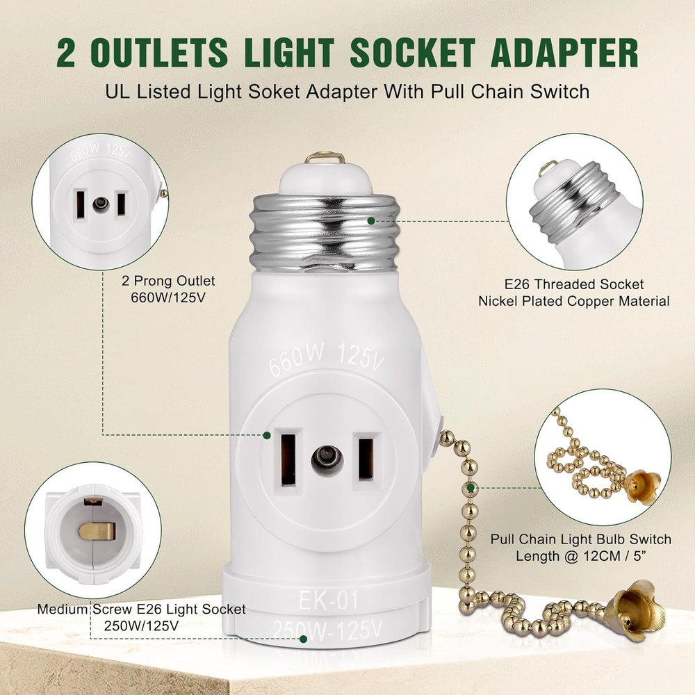 2 Outlet Light Socket Adapter with Pull Chain Switch White Medium Screw 2 Pack