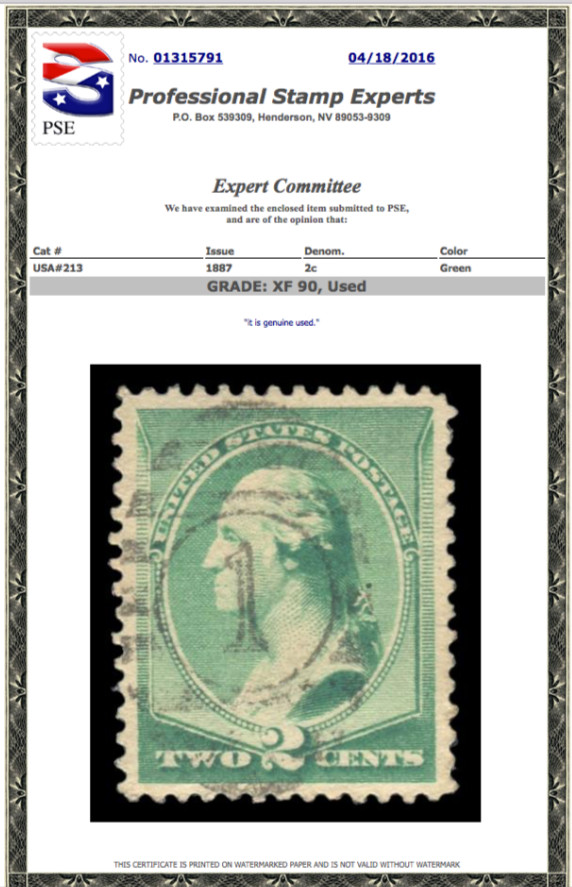 #213 Used PSE Graded 90, Numeral Cancel, Certificate # 01315791
