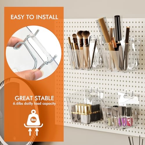 Pegboard Cups with Hooks 6 Pack, 1/8" & 1/4" Peg Board Orangizer Clear