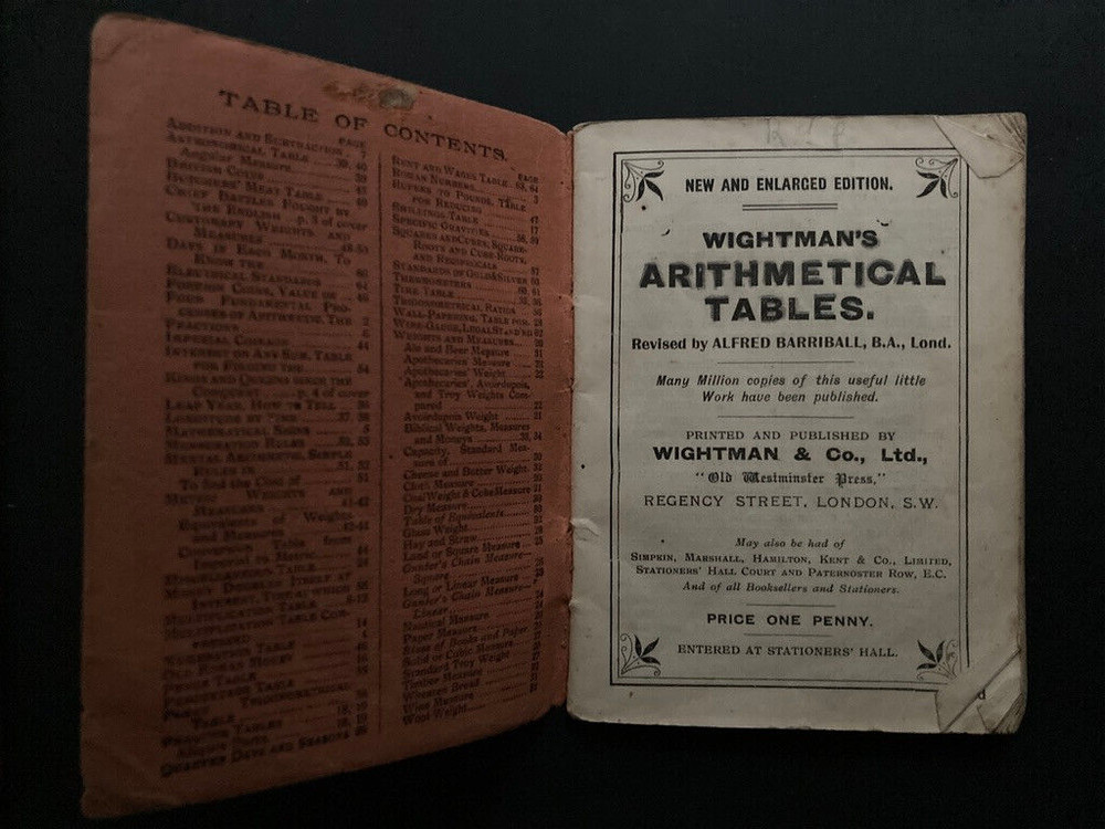 Wightman's Arithmetical Tables booklet