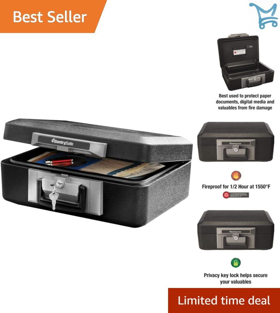 Fireproof Safe Box Steel 0.25 Cu Ft Key Lock Compact with Carry Handle