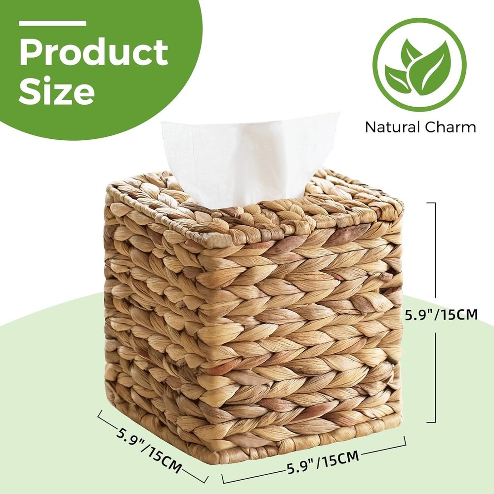 Square Wicker Tissue Box Cover Boho Decorative Holder Natural Rattan
