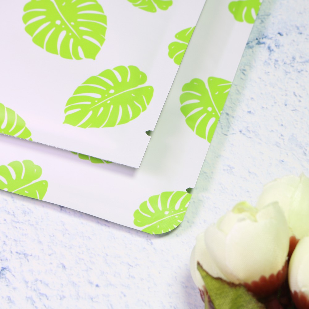 Flat Matte Green Leaf Patterned Design Open-Top Heat-Sealable Packaging Pouches