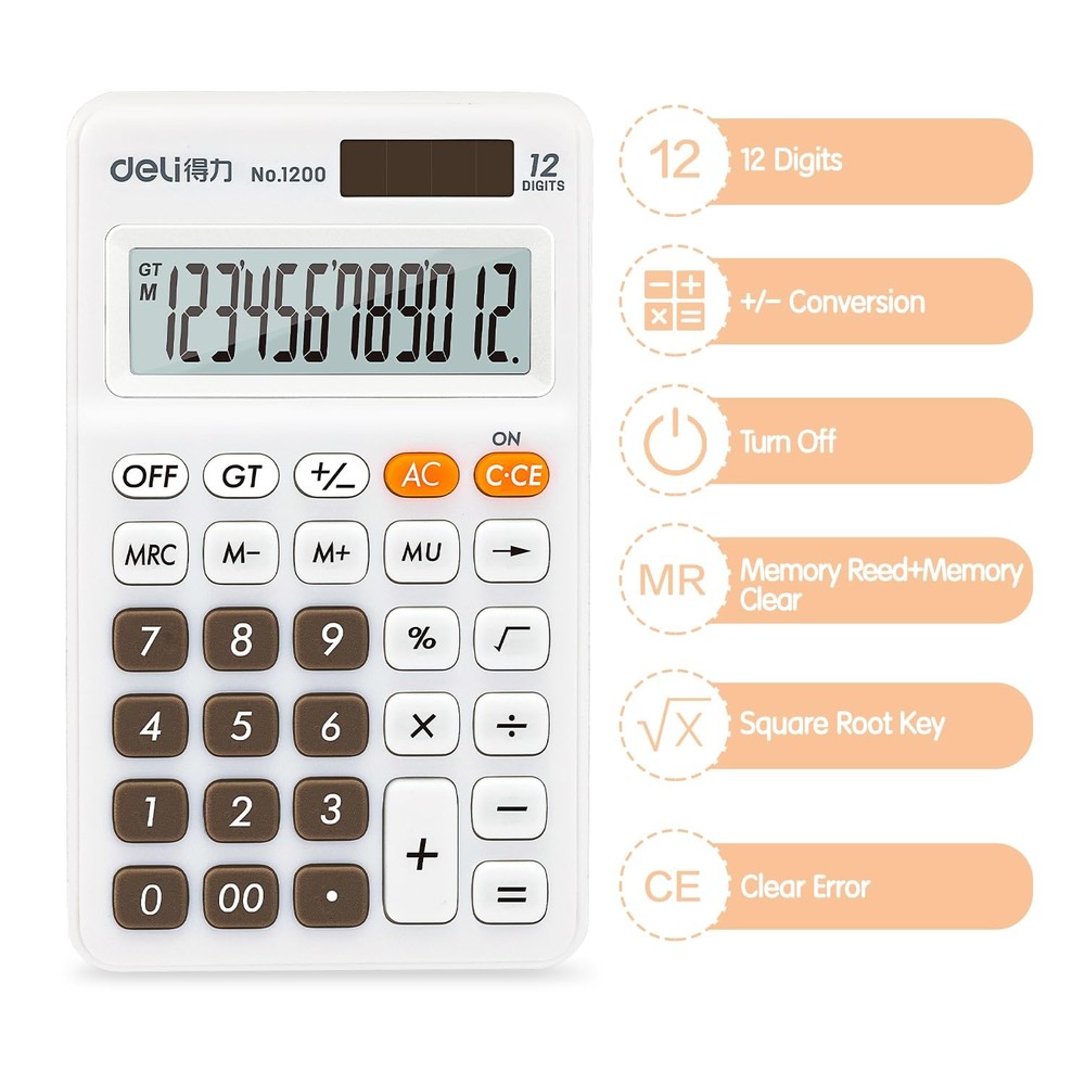 Deli Standard Function Basic Calculator, 12 Digit Desktop Calculator with Large