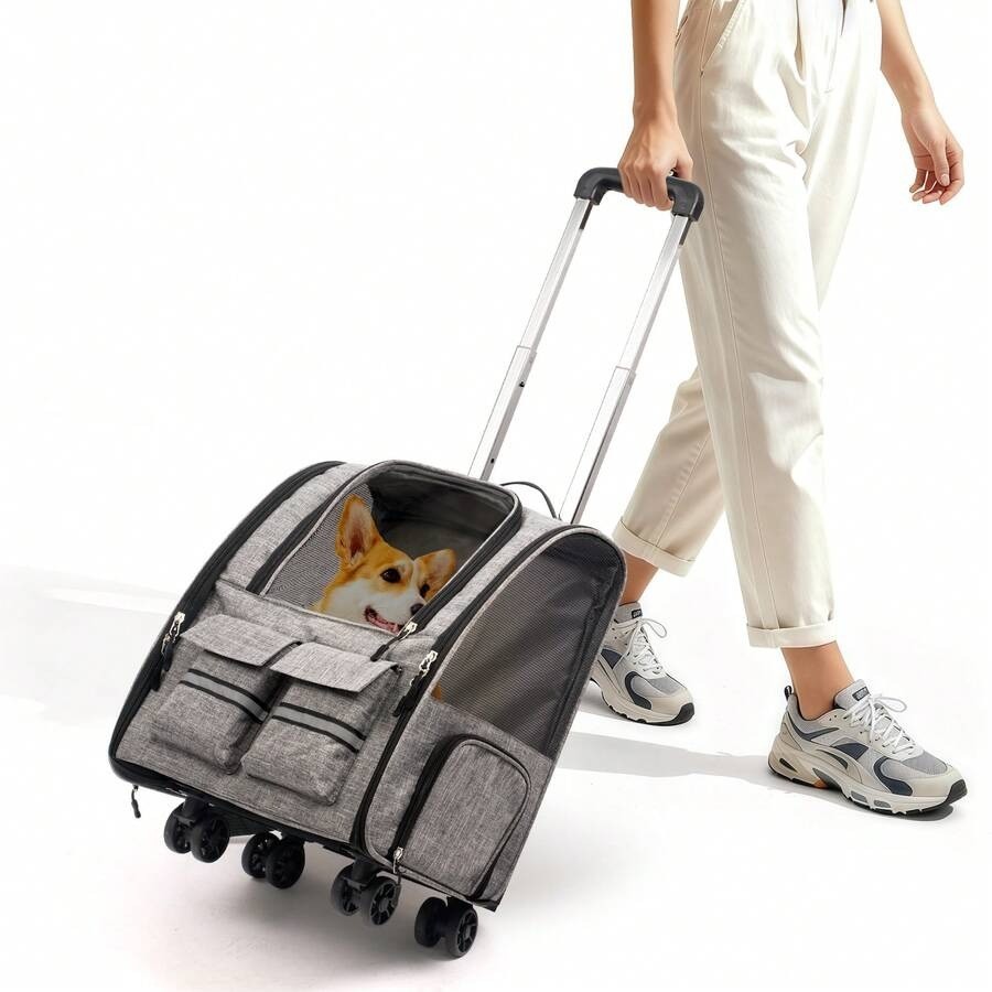 Grey Oxford Rolling Pet Carrier Backpack With Removable Wheels