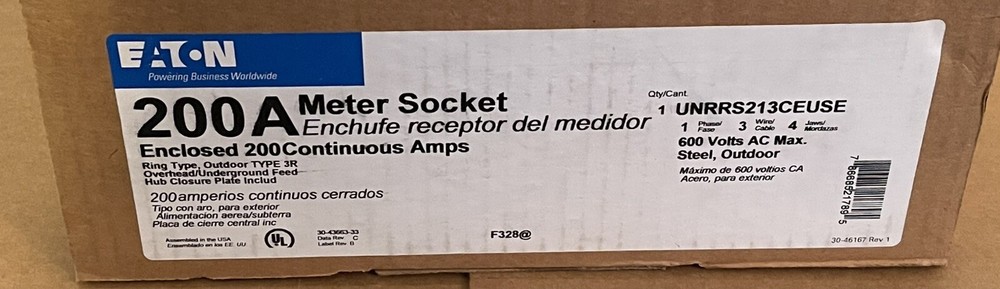 Eaton 200A Enclosed 200 Continuous Amps Meter Socket UNRRS213CEUSE