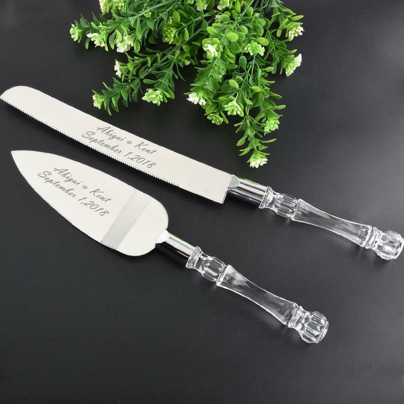 Wedding Anniversary Cake Server Set Cutting Silver engrave yourself Clear Handle