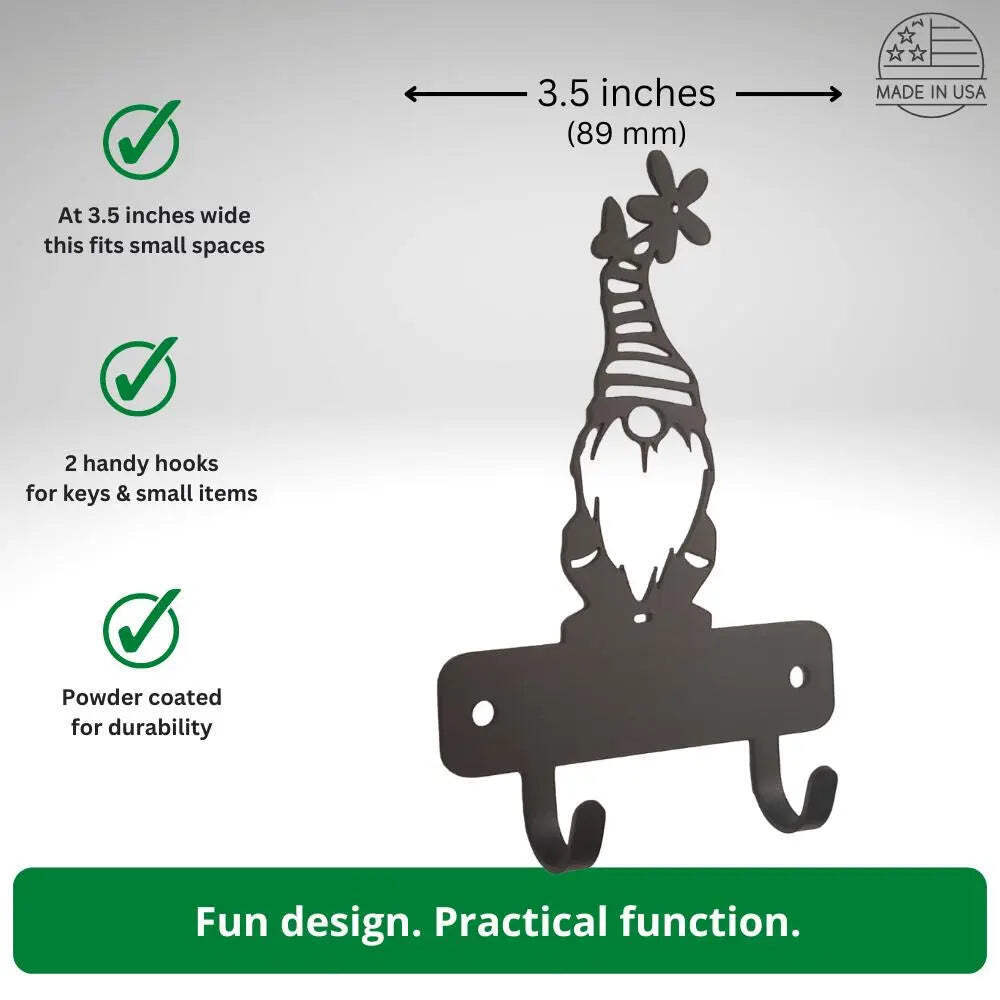 Gnome Mini Key Rack with 2 Hooks 3.5 inch -Made in USA
