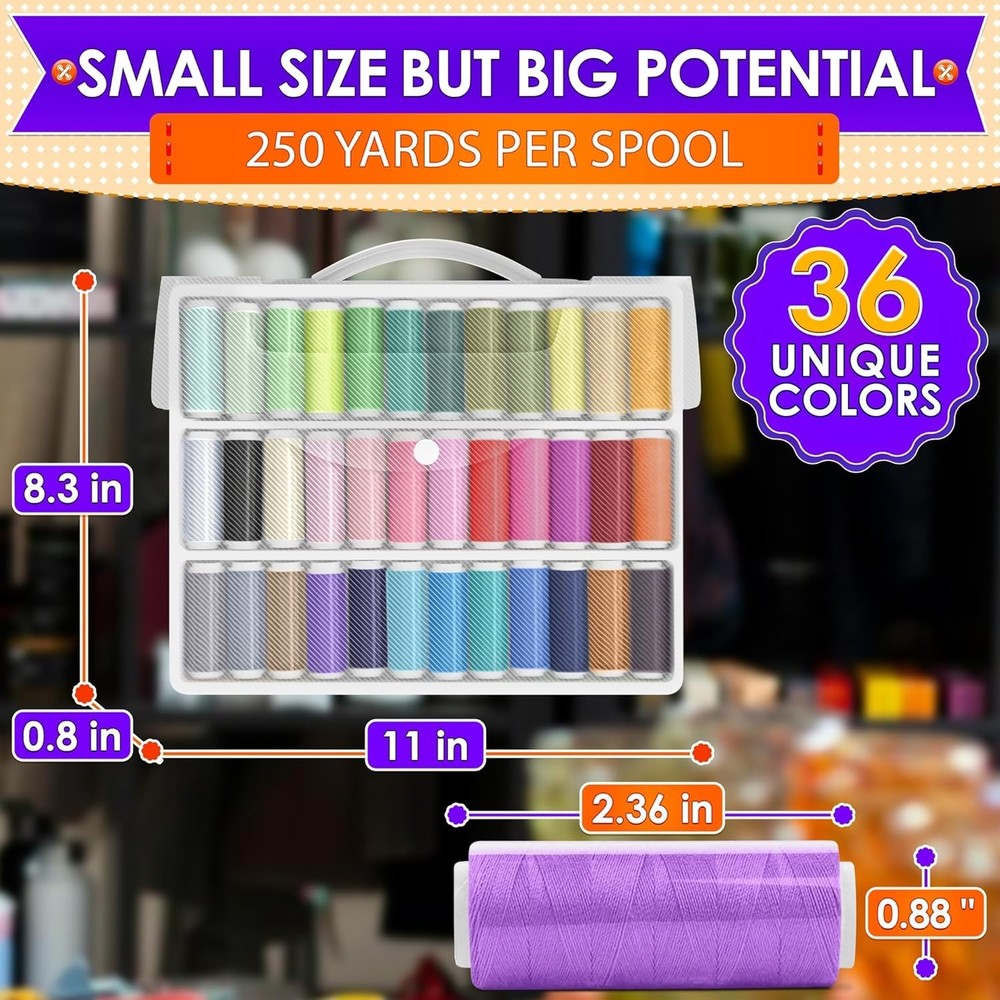 Complete Sewing Thread Collection - 36 Colors, 250 Yards Spools for DIY Projects