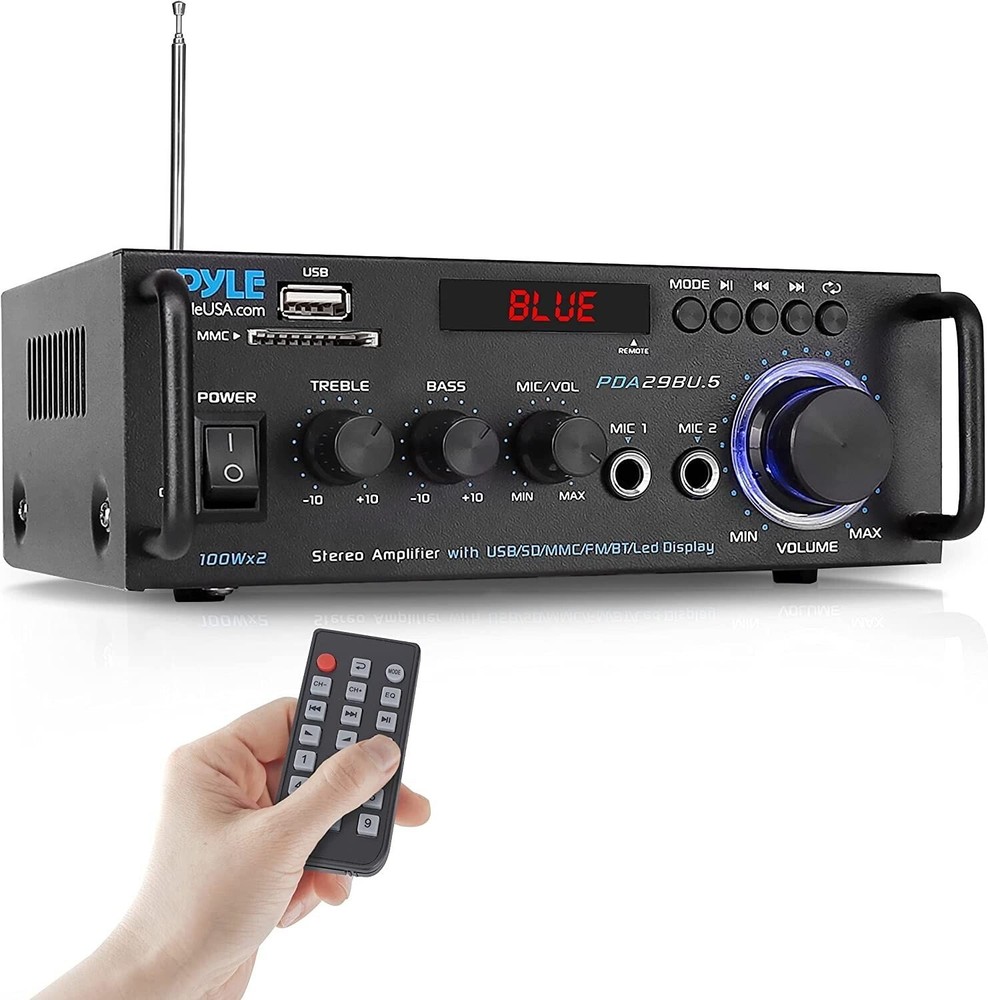 Pyle Compact Bluetooth FM Power Amplifier 100WX2 Max 2 Inputs w/ RCA & Terminals