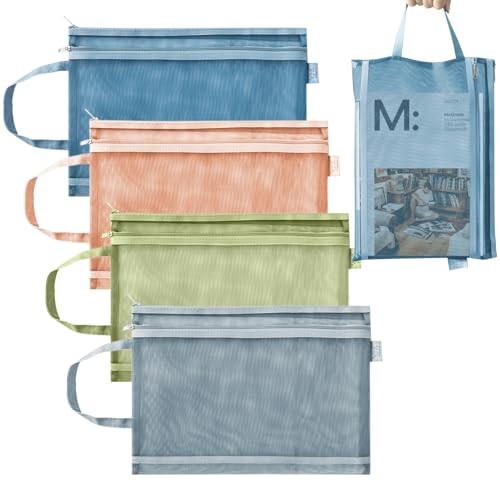 4 Pack Mesh Zipper Pouch with Handles, Nylon Document Bag Double Layer