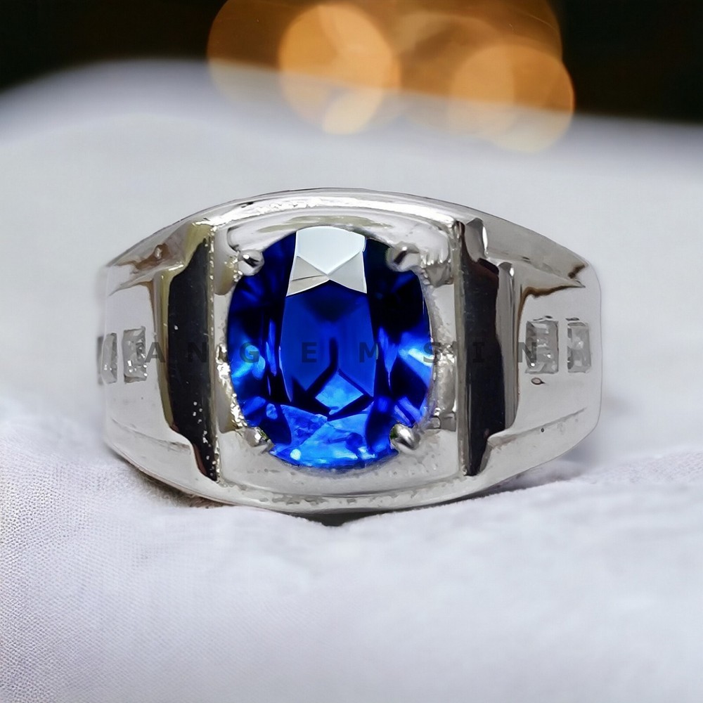 Blue Sapphire Gemstone With 14K Solid White Gold Ring For Men's #AL423